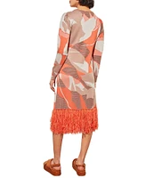 Ming Wang Knit Abstract Print Round Neck Long Puff Sleeve Fringe Sheath Dress