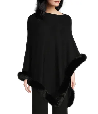 Ming Wang Knit Asymmetrical Neck 3/4 Sleeve Faux Fur Trim Poncho