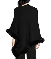 Ming Wang Knit Asymmetrical Neck 3/4 Sleeve Faux Fur Trim Poncho