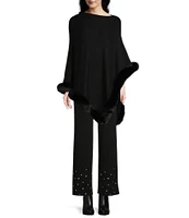 Ming Wang Knit Asymmetrical Neck 3/4 Sleeve Faux Fur Trim Poncho