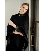 Ming Wang Knit Asymmetrical Neck 3/4 Sleeve Faux Fur Trim Poncho