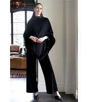 Ming Wang Knit Asymmetrical Neck 3/4 Sleeve Faux Fur Trim Poncho