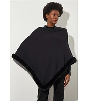 Ming Wang Knit Asymmetrical Neck 3/4 Sleeve Faux Fur Trim Poncho