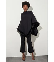 Ming Wang Knit Asymmetrical Neck 3/4 Sleeve Faux Fur Trim Poncho