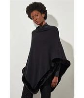 Ming Wang Knit Asymmetrical Neck 3/4 Sleeve Faux Fur Trim Poncho