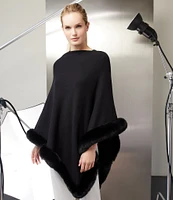 Ming Wang Knit Asymmetrical Neck 3/4 Sleeve Faux Fur Trim Poncho