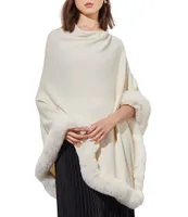 Ming Wang Knit Cowl Neck 3/4 Sleeve Faux Fur Trim Poncho