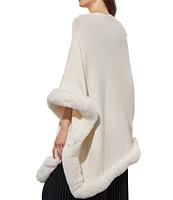 Ming Wang Knit Cowl Neck 3/4 Sleeve Faux Fur Trim Poncho