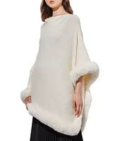 Ming Wang Knit Cowl Neck 3/4 Sleeve Faux Fur Trim Poncho