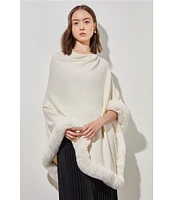 Ming Wang Knit Cowl Neck 3/4 Sleeve Faux Fur Trim Poncho