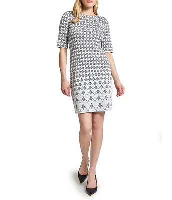 Ming Wang Knit Jacquard Geo Print Round Neck Elbow Sleeve Dress