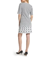 Ming Wang Knit Jacquard Geo Print Round Neck Elbow Sleeve Dress