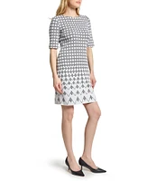 Ming Wang Knit Jacquard Geo Print Round Neck Elbow Sleeve Dress