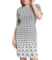 Ming Wang Knit Jacquard Geo Print Round Neck Elbow Sleeve Dress