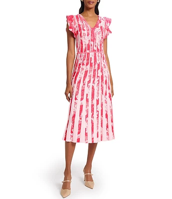 Ming Wang Knit Jacquard V-Neck Flutter Sleeve Fit-And-Flare Midi Dress