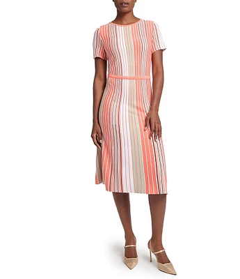 Ming Wang Knit Multi-Stripe Round Neck Short Sleeve Fit-And-Flare Dress