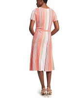 Ming Wang Knit Multi-Stripe Round Neck Short Sleeve Fit-And-Flare Dress