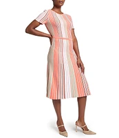 Ming Wang Knit Multi-Stripe Round Neck Short Sleeve Fit-And-Flare Dress