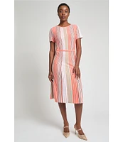 Ming Wang Knit Multi-Stripe Round Neck Short Sleeve Fit-And-Flare Dress