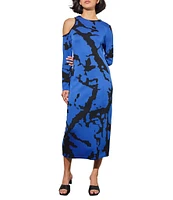 Ming Wang Knit Round Neck Long Sleeve Abstract Print Midi Sheath Dress