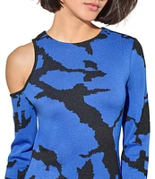 Ming Wang Knit Round Neck Long Sleeve Abstract Print Midi Sheath Dress