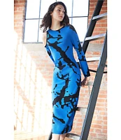 Ming Wang Knit Round Neck Long Sleeve Abstract Print Midi Sheath Dress