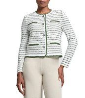 Ming Wang Knit Stripe Tweed Crew Neck Long Sleeve Jacket