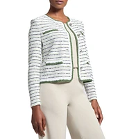 Ming Wang Knit Stripe Tweed Crew Neck Long Sleeve Jacket