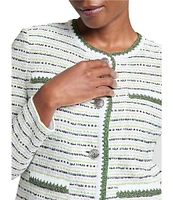 Ming Wang Knit Stripe Tweed Crew Neck Long Sleeve Jacket