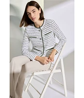 Ming Wang Knit Stripe Tweed Crew Neck Long Sleeve Jacket