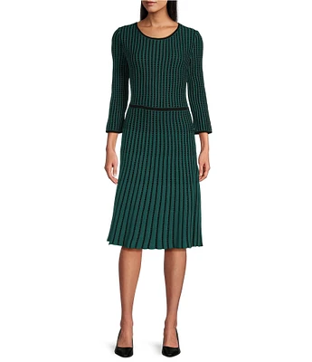 Ming Wang Knit Striped 3/4 Sleeve Crew Neck Flare Dress