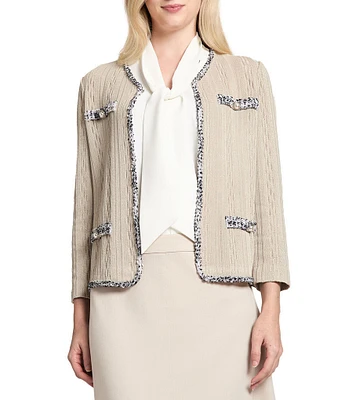 Ming Wang Knit V-Neck Bracelet Sleeve Eyelash Trim Jacket