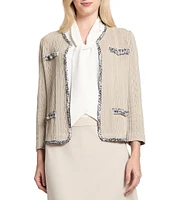 Ming Wang Knit V-Neck Bracelet Sleeve Eyelash Trim Jacket