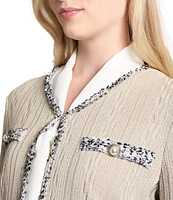 Ming Wang Knit V-Neck Bracelet Sleeve Eyelash Trim Jacket