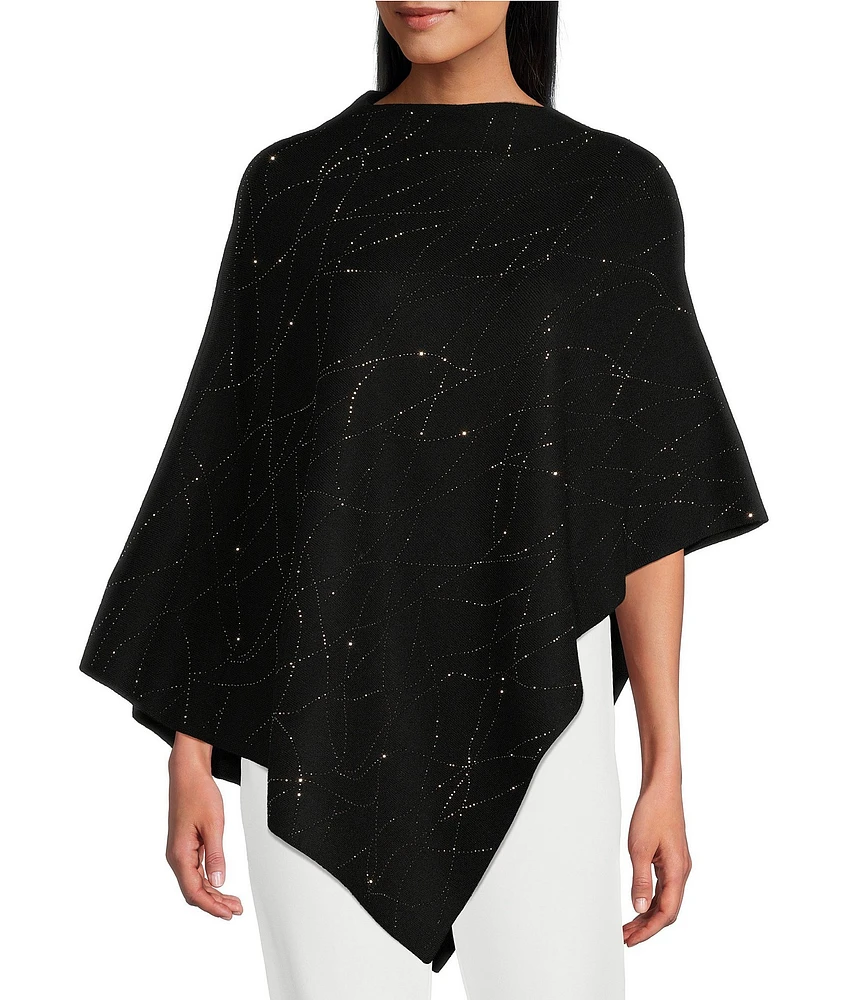 Ming Wang Light Weight Knit Shawl Collar Embellished Hem Poncho