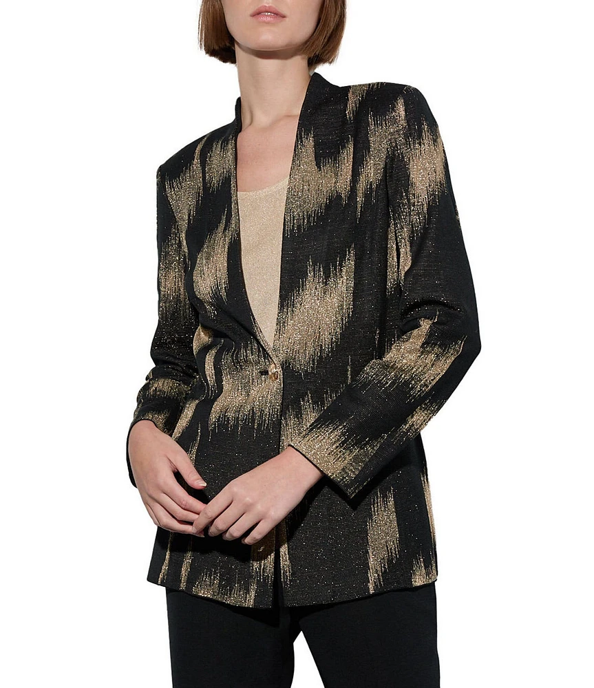 Ming Wang Lurex Jacquard Metallic Knit Brushstroke Long Sleeve One Button-Front Jacket