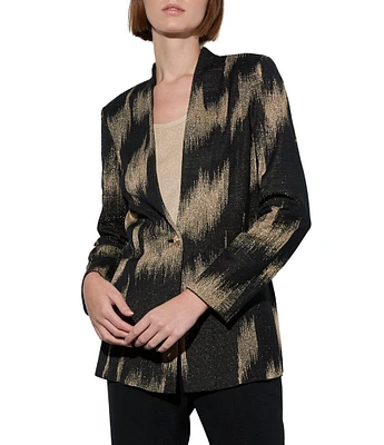 Ming Wang Lurex Jacquard Metallic Knit Brushstroke Long Sleeve One Button-Front Jacket