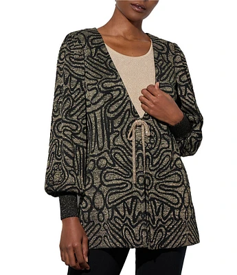 Ming Wang Lurex Knit Metallic Swirl Long Balloon Sleeve Jacket