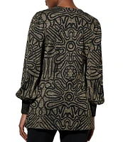 Ming Wang Lurex Knit Metallic Swirl Long Balloon Sleeve Jacket