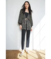 Ming Wang Lurex Knit Metallic Swirl Long Balloon Sleeve Jacket