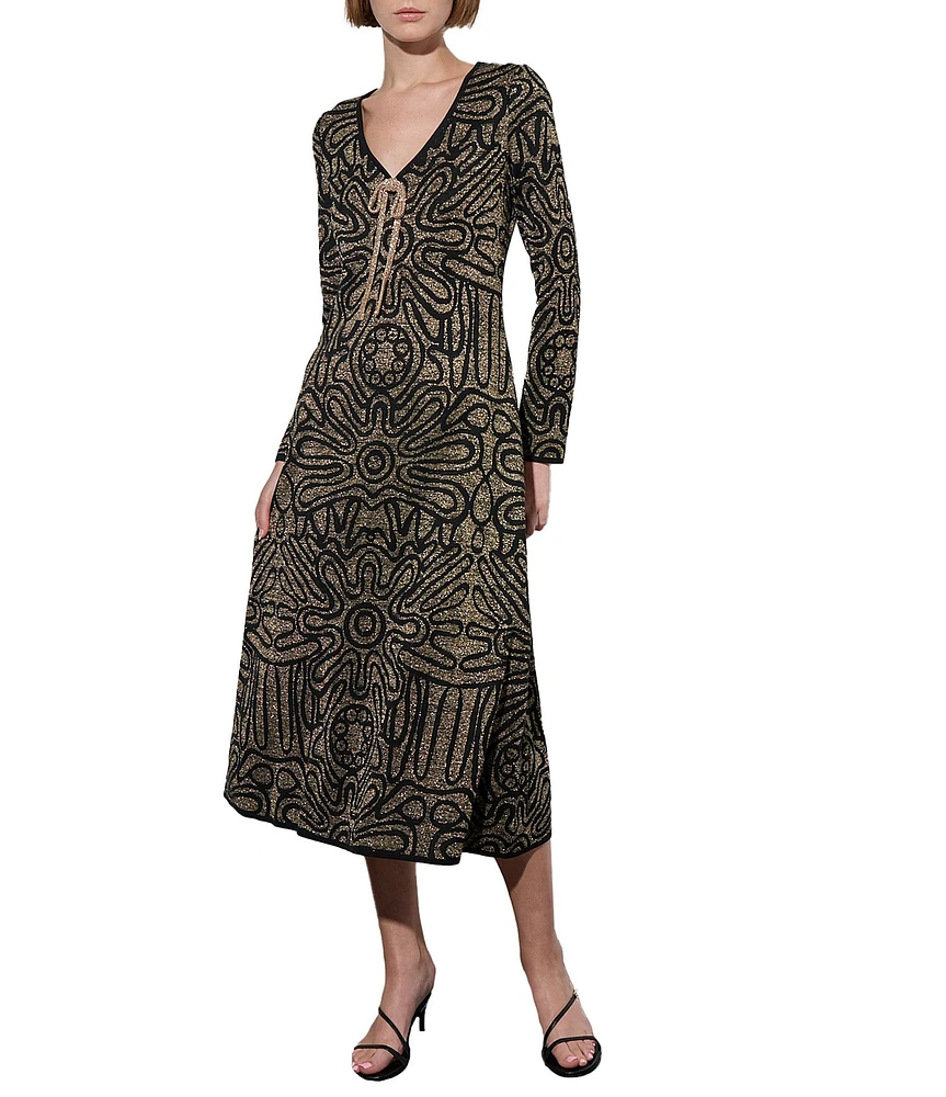 Ming Wang Lurex Metallic Swirl V-Neck Long Sleeve A-Line Midi Dress