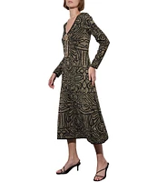 Ming Wang Lurex Metallic Swirl V-Neck Long Sleeve A-Line Midi Dress