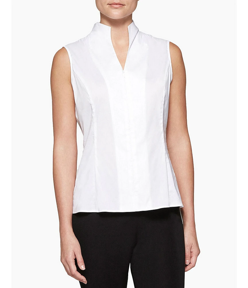 Ming Wang Mandarin Collar Sleeveless Zipper Front Cotton Blend Washable Blouse