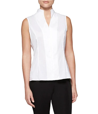 Ming Wang Mandarin Collar Sleeveless Zipper Front Cotton Blend Washable Blouse