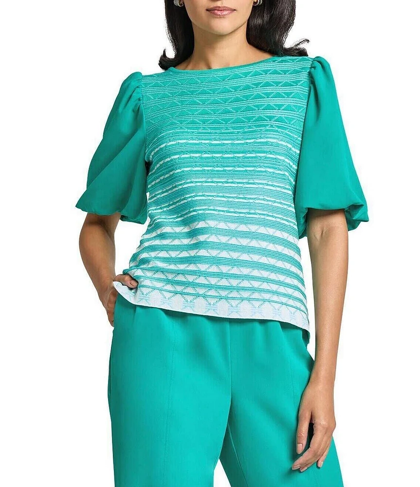 Ming Wang Mixed-Media Ombre Pattern Boat Neck Short Puff Sleeve Top
