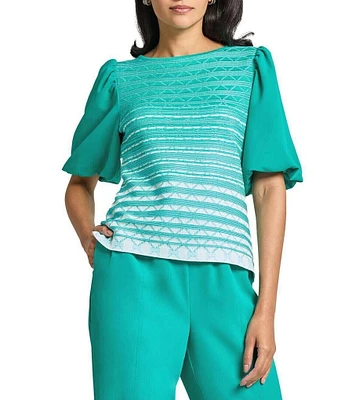 Ming Wang Mixed-Media Ombre Pattern Boat Neck Short Puff Sleeve Top