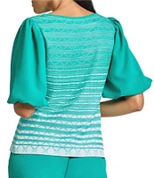 Ming Wang Mixed-Media Ombre Pattern Boat Neck Short Puff Sleeve Top