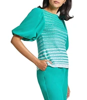 Ming Wang Mixed-Media Ombre Pattern Boat Neck Short Puff Sleeve Top