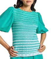 Ming Wang Mixed-Media Ombre Pattern Boat Neck Short Puff Sleeve Top