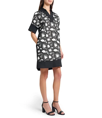 Ming Wang Mixed-Media Two-Toned Lace Point Collar V-Neck Short Sleeve Dress